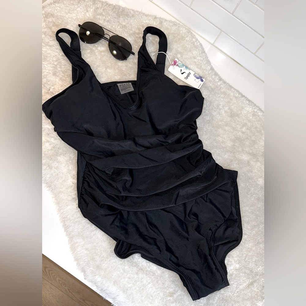 NEW women’s black one piece swim suit *sunglasses included*